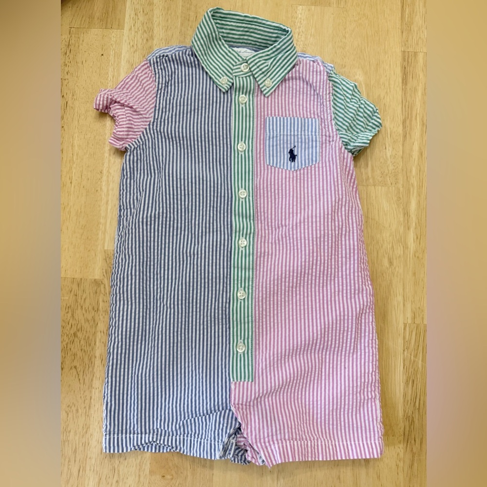 Ralph Lauren Baby Seersucker Cotton Shortall Romper Pastel Spring Easter 18m
